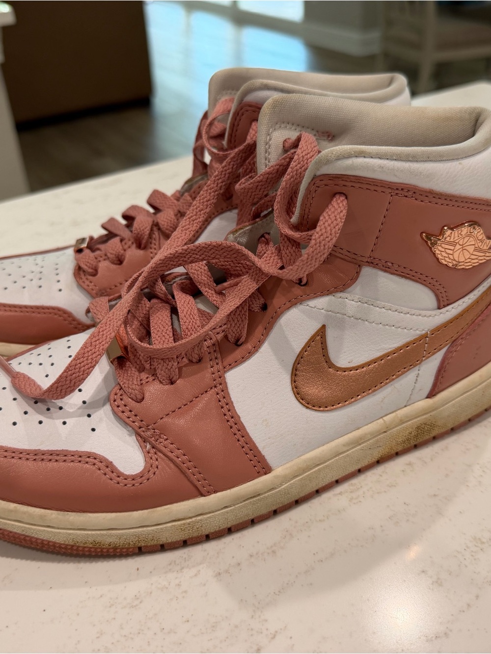 Nike Jordan Air Women High-Top in Rose and White with Metallic Rose Swoosh W9